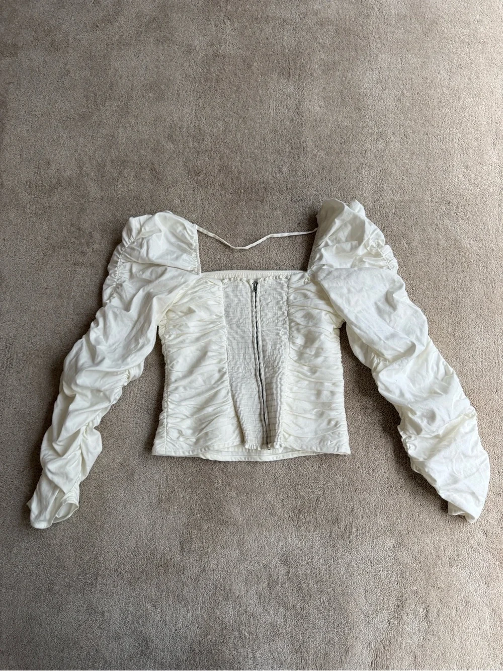 Reformation Ivory Ruched Square-Neck Puff Sleeve Top